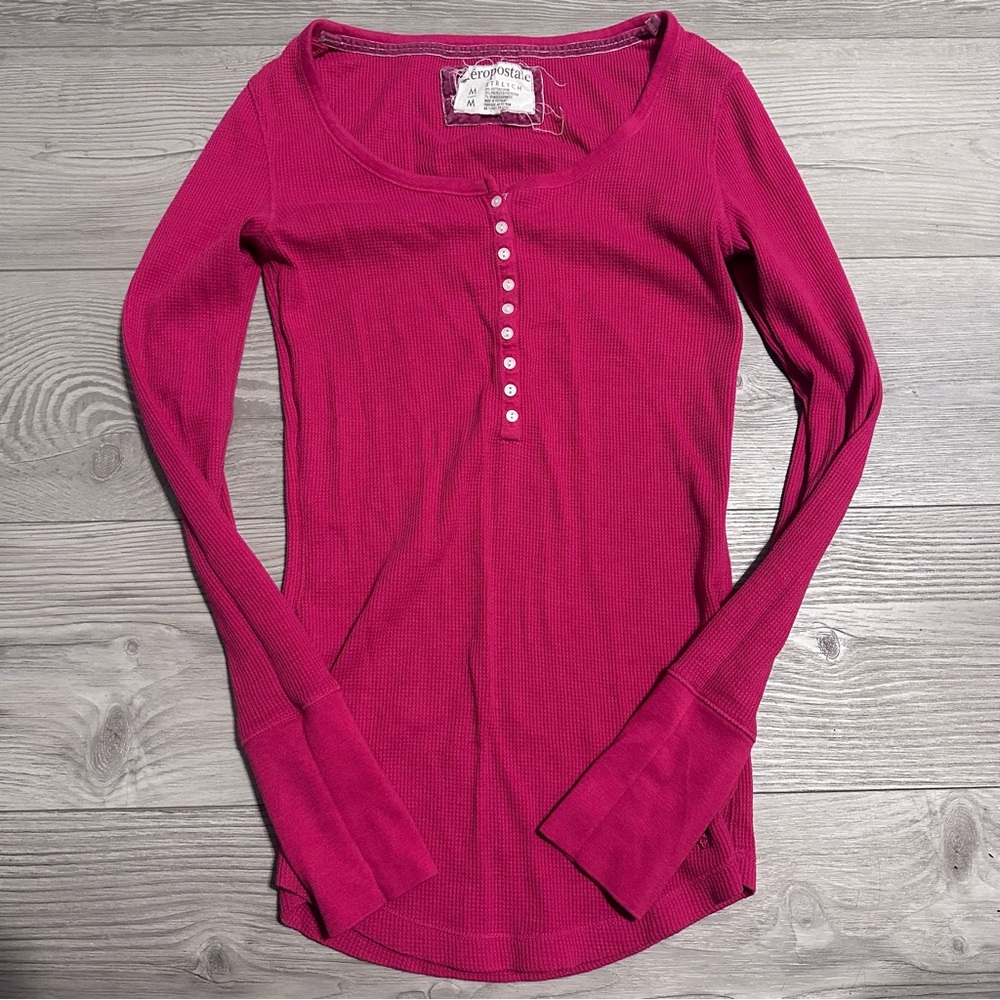 Y2K Aeropostale Hot Pink Long Sleeve Button Stretchy Henley Top, Size M